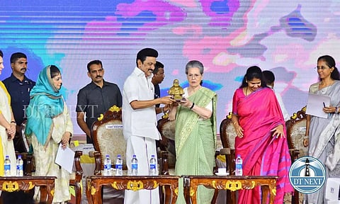 Women leaders from INDIA bloc with TN CM M K Stalin at the DMK's Women Rights Conference held in Chennai. (Photo credit: Hemanathan M)