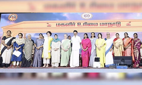 Prominent women leaders of the INDIA bloc with TN CM M K Stalin at the DMK Women's Rights Conference.