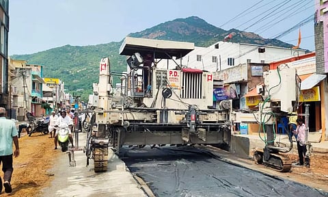 Concrete stretch being laid by equipment brought from Madhya Pradesh in Tiruvannamalai 