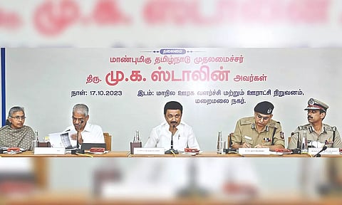 TN CM MK Stalin reviews L&O with senior officials in Chengalpattu on Tuesday.