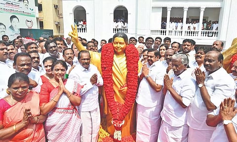 AIADMK General Secretary Edappadi K Palaniswami leading partymen in paying floral tributes to MGR and Jayalalithaa at party HQ in Chennai on Tuesday. (Photo credit: Hemanathan M)