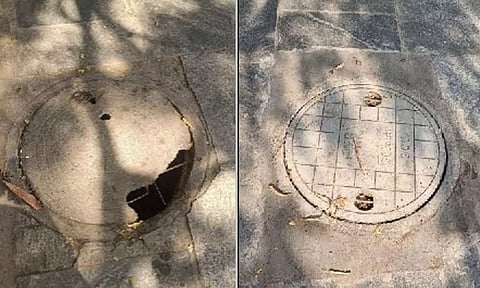 Before and after picture of broken manhole lids 
