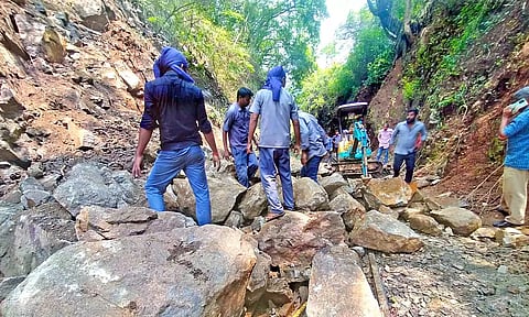 Works under way to remove boulders from the NMR track on Wednesday.