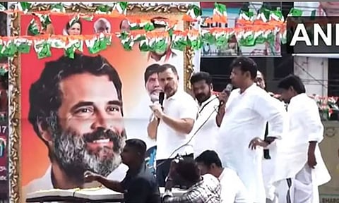 Congress leader Rahul Gandhi addressing Congress workers in Bhupalpally, Telangana (Photo: ANI)