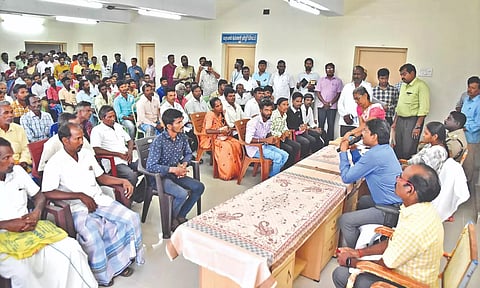 Collector B Murugesh at the taluk office at Jamunamarathur on the Jawadhu hills.