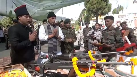 Defence Minister Rajnath Singh performing ‘Shastra Puja’ in Arunachal Pradesh's Tawang. (ANI)