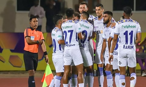 Chennaiyin FC celebrate after beating Hyderabad FC in ISL 2023-24 (Image: ANI)