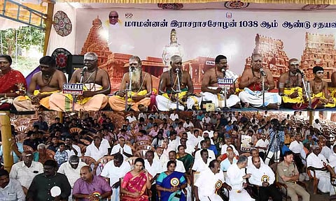 Odhuvars reciting Thirumurai at the Sadaya Vizha for King Raja Raja Chola at Big Temple on Tuesday