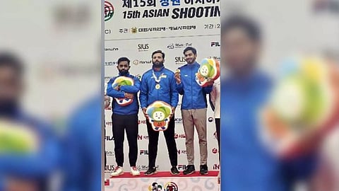 Angad Vir Singh Bajwa, Gurjoat Khangura and Anant Jeet Singh Naruka atop the podium in Changwon (Image: NRAI)