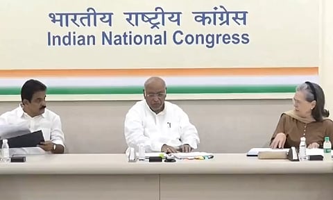 Revanth Reddy, Mallikarjun Kharge and Sonia Gandhi (ANI)