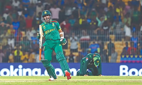 Keshav Maharaj celebrates after nicking the boundary that sealed the match for South Africa (Justin George)