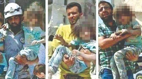 Three photos depicting a shell-shocked, purportedly Palestinian girl covered in debris being rescued by three different persons 