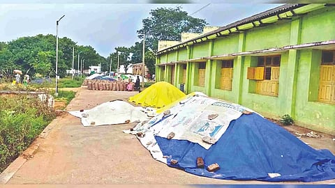 Paddy kept under plastic sheets at Buthalur on Monday