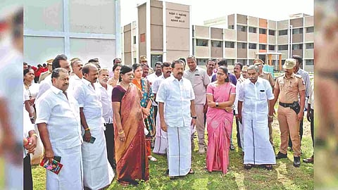 Higher Education Minister K Ponmudy checking out the site to build more classrooms at Thiru Vi Ka Government Arts College in Tiruvarur on Monday