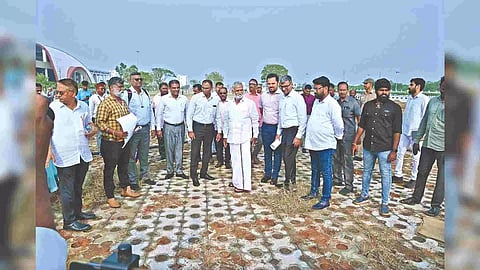 Sekarbabu officials inspect the ongoing works at the bus terminus