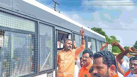 BJP state secretary Ashwathaman being arrested for attempting to erect a flagpole in Chennai on Wednesday