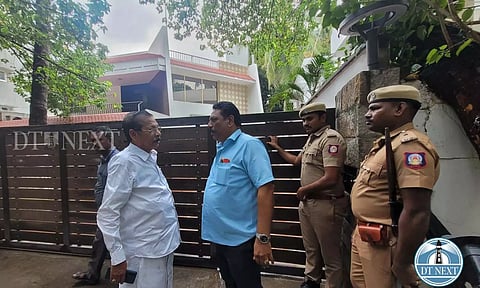 DMK leader RS Bharathi visit Minister of Highways and PWD, E.V. Velu at his residence in Alwarpet (Photo: Justin George)