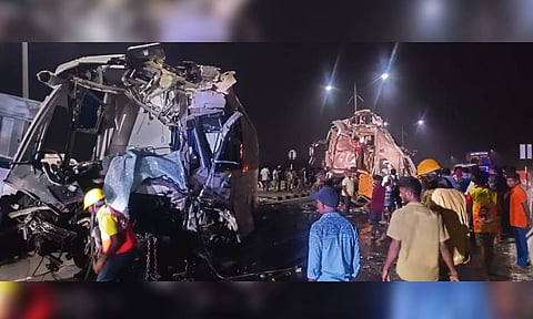 A view of the mangled buses.