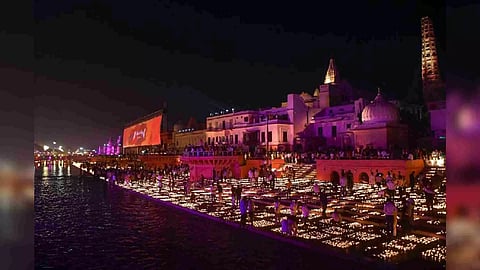 People light earthen lamps at Ram ki Pouri during Deepotsav (Diwali celebrations), in Ayodhya (Photo/PTI)