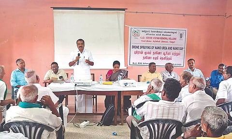 Vellore Sugar Mill Chairman Anandan speaks to farmers