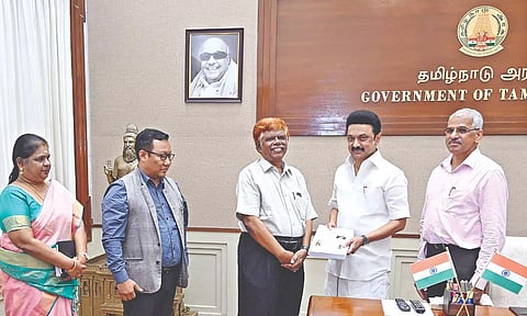 Justice (retd) Chandru submitting report on working of homes under the Juvenile Justice Act to Chief Minister MK Stalin at the Secretariat on Tuesday