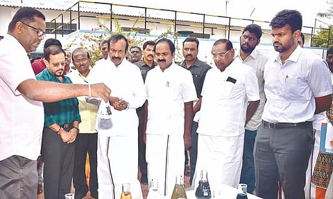 Ministers S Muthusamy and Siva V Meyyanathan inspecting a treatment plant in Perundurai SIPCOT in Erode on Tuesday