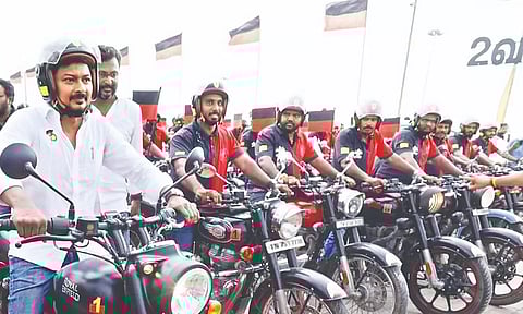 Minister Udhayanidhi Stalin launching an awareness bike rally for December 17 DMK’s Youth Wing conference, in Kanniyakumari on Wednesday
