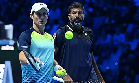 Rohan Bopanna and Matthew Ebden celebrate during their round robin doubles match. (X/@Media_SAI)
