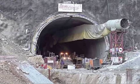 Rescue and relief operations underway after a portion of a tunnel under construction between Silkyara and Dandalgaon on the Brahmakhal-Yamunotri national highway collapsed in Uttarkashi district. (PTI)