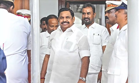 Leader of Opposition Edappadi K Palaniswami with party MLAs stages a walkout during special Assembly session, on Saturday
