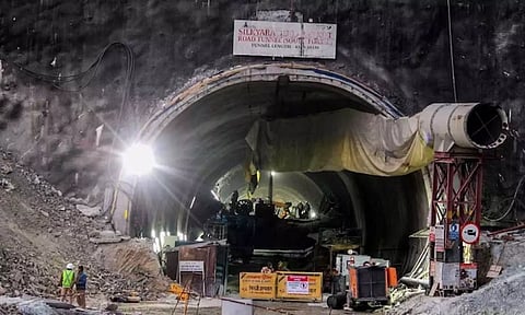 Rescue and relief operations underway after a portion of an under-construction tunnel between Silkyara and Dandalgaon collapsed in Uttarakhand. (PTI)
