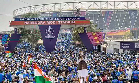 Fans arrive at the Narendra Modi Stadium to watch the ICC Men's CWC 2023 final between India and Australia, in Ahmedabad. (PTI)