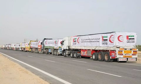 UAE aid convoy sets off towards Rafah crossing, bound for Gaza Strip (Image: ANI)