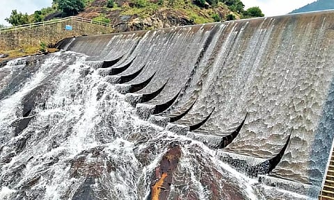 Heavy discharge from the Varathamanathi dam in Dindigul on Monday after the inflow increased