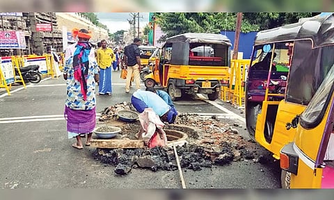 A newly laid road dug up for drain work near Tiruvannamalai temple