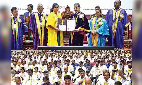 Governor RN Ravi awarding degrees to graduates at Periyar University convocation in Salem on Friday