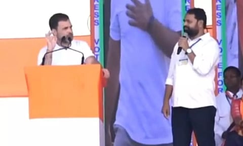 Rahul Gandhi addressing the public an election rally at Andole in Sangareddy district. (ANI)