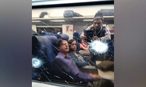 Damaged windowpane of Vande Bharat Express after stone pelting incident (ANI)