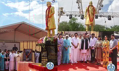 CM Stalin unveils the statue of late PM V P Singh at Presidency College (Photo: Hemanathan M)
