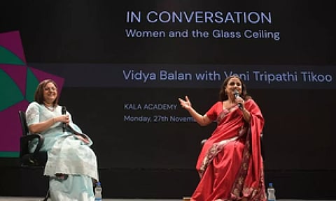 Vidya Balan speaking during a session on ‘Women and the Glass Ceiling’ held on the sidelines of the ongoing 54th IFFI. (IANS) 