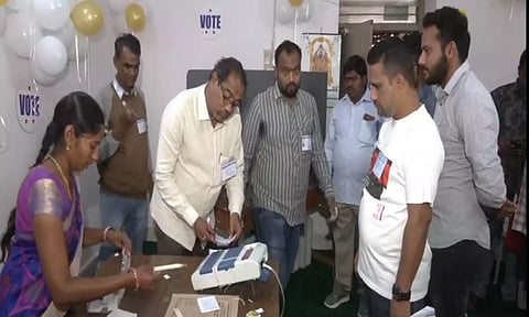 Visuals from a polling booth in Telangana's Banjara Hills. (ANI)