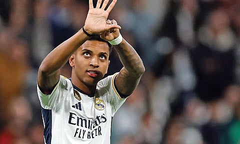 Rodrygo celebrates after scoring Madrid’s second goal against Granada