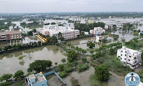 Ariel view of houses and apartments downed in water at Varadharajapuram, Mudichur. (Manivasagan N)
