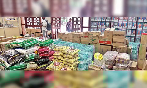 Relief materials kept at Vellore Collectorate on Thursday