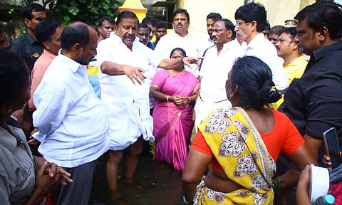 Municipal administration minister KN Nehru inspects storm water drain works