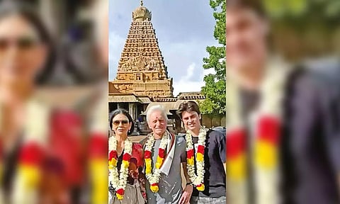 Actor Michael Douglas family visits temple