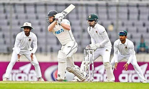 Glenn Phillips plays a shot during the third day of the second Test