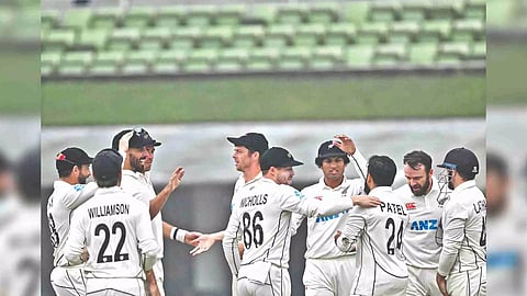 New Zealand players celebrate the dismissal of Mehidy Hasan Miraz