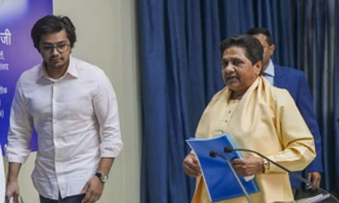 BSP supremo Mayawati arrived for a meeting of party’s office bearers at the party office in Lucknow (PTI) 