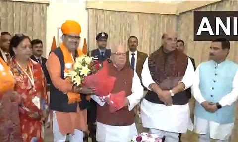 Rajasthan CM-designate Bhajanlal Sharma along with his two deputy CMs meets Governor Kalraj Mishra. (ANI)
